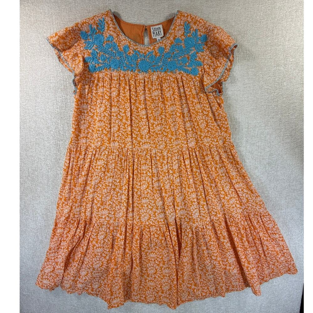 Sister Mary Women Small Orange Floral Embroidered Cap Sleeve Cottagecore Dress